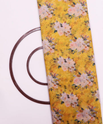 yellow and pink floral chanderi digital print fabric